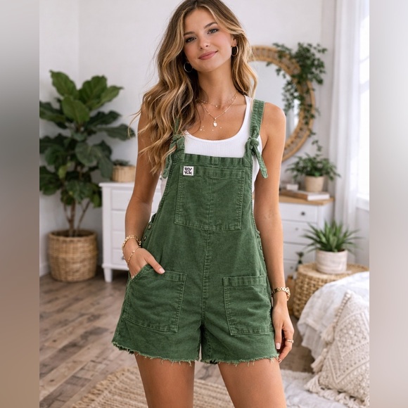 Lucy & Yak Denim - Lucy & Yak Green Corduroy Short Overalls Dungarees Tie Strap Size US 4